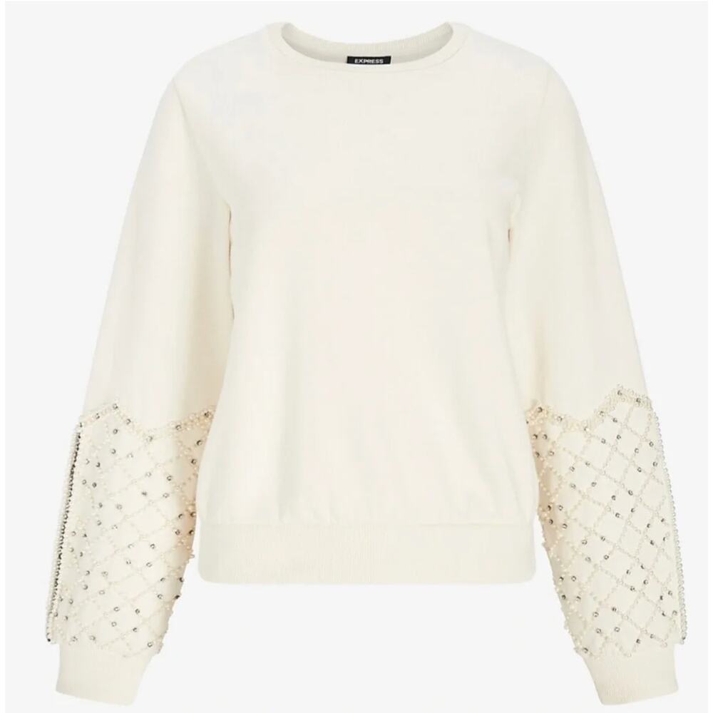 NEW Express Embellished Sweatshirt Womens S Ivory Rhinestone & Faux Pearl Crew - Picture 3 of 11